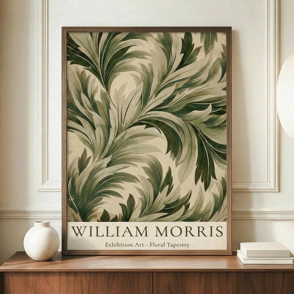 May include: Framed botanical art print featuring flowing green and cream foliage patterns in William Morris style, displayed on wooden sideboard next to white ceramic vase and stacked books against cream paneled wall in elegant interior setting.