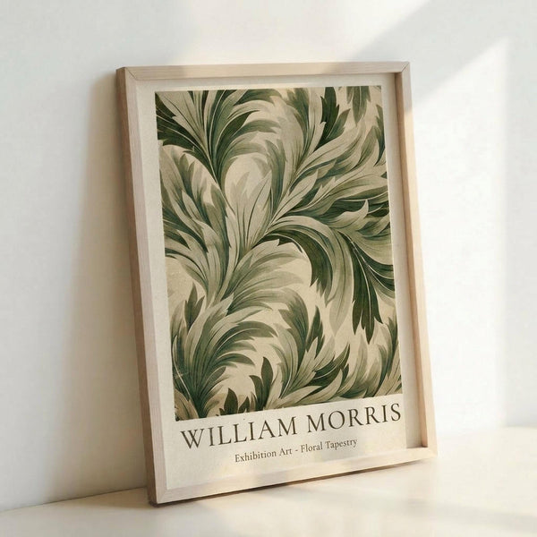 May include: Framed botanical art print featuring flowing green foliage in an ornate, swirling pattern against a cream background. The artwork displays elegant curved leaves and fronds in various shades of green, creating a decorative tapestry-like design. Text at bottom reads "WILLIAM MORRIS Exhibition Art - Floral Tapestry." Natural wood frame with white matting, positioned against a white wall with soft lighting casting gentle shadows.