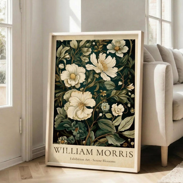 May include: Framed botanical art print with cream flowers and green foliage on dark background, displayed in light wood frame leaning against white wall next to beige upholstered chair in bright living room with windows