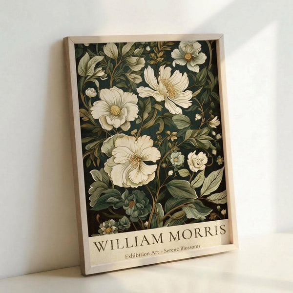 May include: Framed botanical art print featuring white and cream flowers with green foliage on dark background, displayed in light wood frame against white wall. Print shows "WILLIAM MORRIS" and "Exhibition Art - Serene Blossoms" text at bottom in vintage poster style.