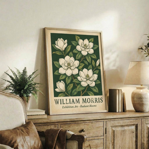 May include: Framed botanical poster with white magnolia flowers on dark green background, displayed on rustic wooden sideboard alongside fern plant, ceramic vase, and books in warm-toned living room setting with beige chair and neutral walls