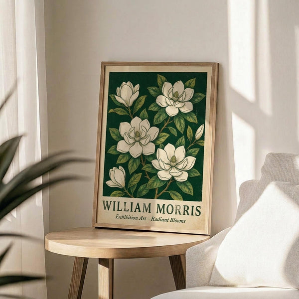 May include: Framed botanical poster featuring white magnolia flowers with green leaves on dark emerald background, displayed on round wooden side table next to beige upholstered chair. Natural lighting creates soft shadows across white walls. Plant leaves visible in corner of minimalist room setting.