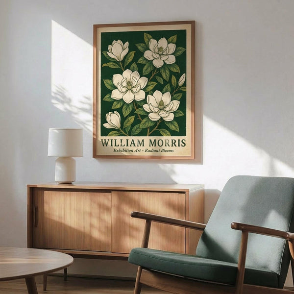 May include: Framed botanical poster with white magnolia flowers on deep green background displayed above wooden sideboard in modern living room. Mid-century style armchair in sage green fabric with wooden arms sits nearby. Natural sunlight creates shadows on white wall. Minimalist decor with table lamp and round coffee table visible.