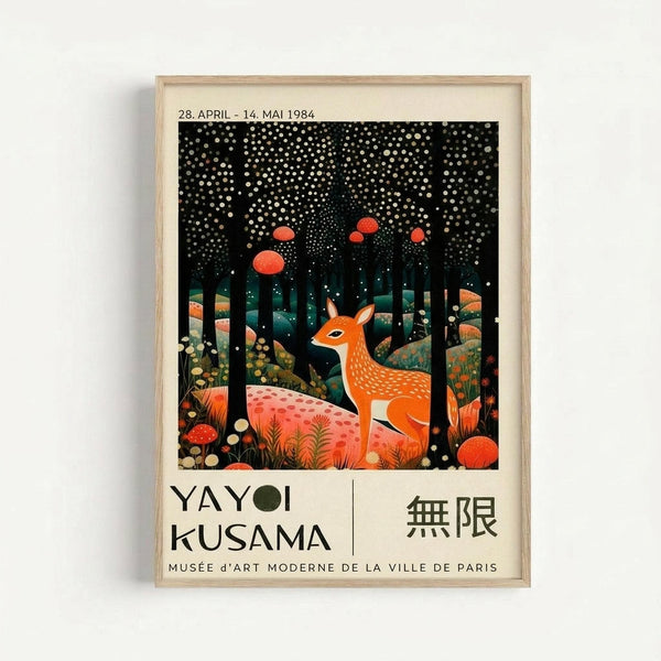 A framed vintage exhibition poster featuring a whimsical illustration of an orange spotted deer in a mystical forest setting. The artwork shows the deer surrounded by dark trees, colorful mushrooms, and a starry night sky filled with white dots. The scene includes lush foliage in greens and corals, with floating red orbs in the sky. Text reads "28. APRIL - 14. MAI 1984" at top, "YAYOI KUSAMA" and Japanese characters below the image, and "MUSÉE D'ART MODERNE DE LA VILLE DE PARIS&
