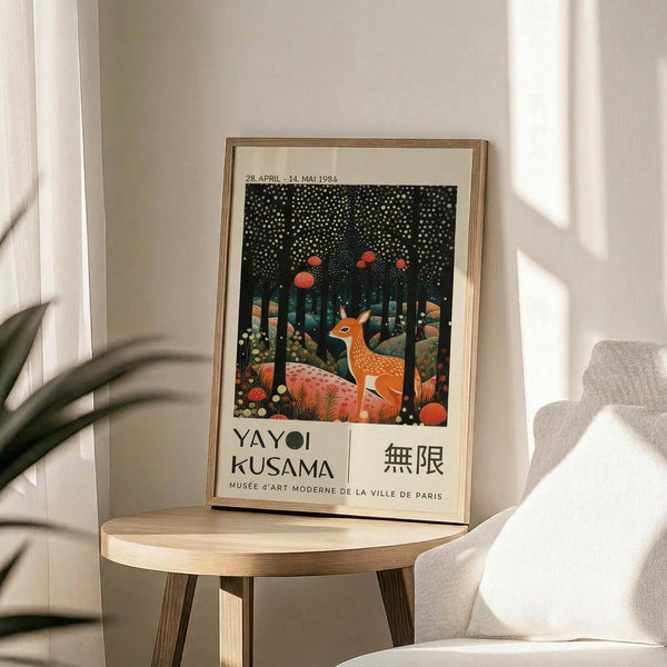 May include: Framed exhibition poster featuring orange spotted deer in dark forest with white dots and red spheres, displayed on light wooden round side table next to beige upholstered chair. Natural lighting creates soft shadows on white wall. Green plant leaves visible in corner. Poster shows Japanese and French text below whimsical woodland scene with polka dot pattern throughout starry night sky background.