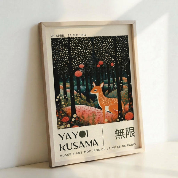 Framed exhibition poster featuring a stylized deer in an enchanted forest scene with orange and coral spotted mushrooms, white dotted trees against a dark sky, and geometric patterns. The artwork has a whimsical, folk art style with warm earth tones. Text shows "YAYOI KUSAMA" and "MUSÉE d'ART MODERNE DE LA VILLE DE PARIS" with dates "28 APRIL - 14 MAI 1984" and Japanese characters. Light wooden frame sits against white wall.