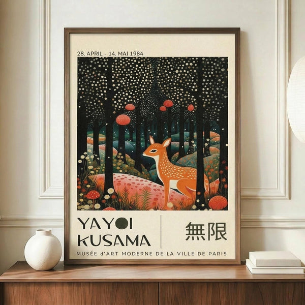 May include: Framed exhibition poster featuring a spotted deer in a whimsical forest scene with red mushrooms, white dots on black sky, and rolling hills. The poster displays dates "28. APRIL - 14. MAI 1984" at top and "YAYOI KUSAMA" with Japanese characters below the artwork. Shown in brown wooden frame on light wood sideboard next to white ceramic vase and stacked books against cream walls with white trim molding.