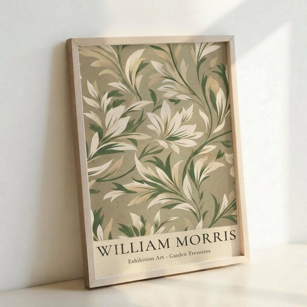 May include: Framed botanical art print featuring William Morris-style flowing foliage pattern in sage green and cream tones on beige background, displayed in light wood frame leaning against white wall corner with soft natural lighting
