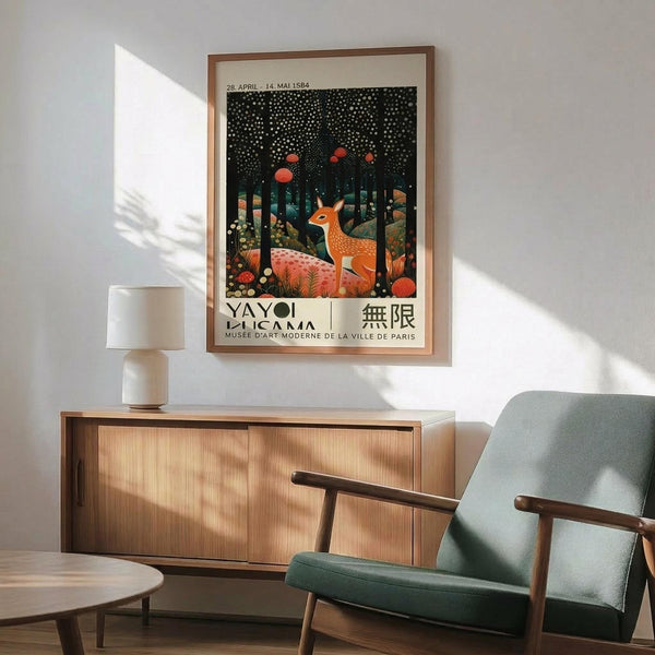 May include: Framed exhibition poster featuring a spotted deer in a whimsical forest scene with red moons, dots, and colorful foliage against a dark background. The poster hangs above a mid-century modern wooden credenza with white ceramic lamp, next to a sage green upholstered armchair with wooden arms. Natural sunlight streams across white walls creating geometric shadows in this contemporary living room setting.