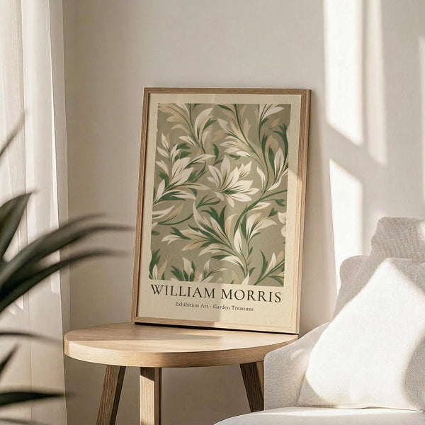 May include: Framed botanical art print featuring William Morris-style flowing foliage pattern in sage green and cream tones, displayed on light wood round side table next to beige upholstered chair. Soft natural lighting creates shadows across white walls, with houseplant visible in corner of minimalist room setting.