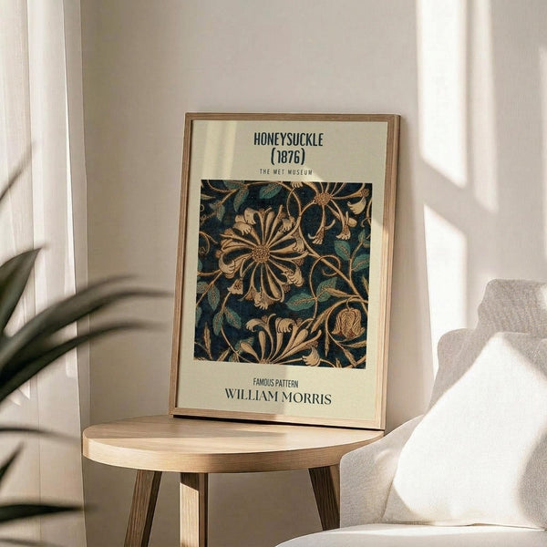 May include: Framed poster displaying an ornate floral pattern in deep navy blue and gold tones, featuring stylized honeysuckle flowers and curving vines. The print sits on a round wooden side table next to a beige upholstered chair, with soft natural lighting and plant shadows visible on white walls in a modern interior setting.