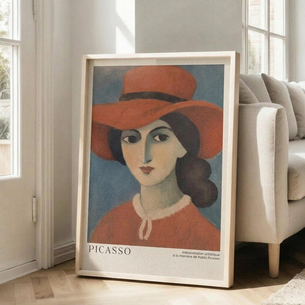 May include: Framed poster print featuring a stylized portrait of a woman wearing a wide-brimmed red hat and red top against a blue background, displayed in light wood frame leaning against white wall next to beige upholstered chair in bright, naturally-lit room with white walls and light hardwood floors.