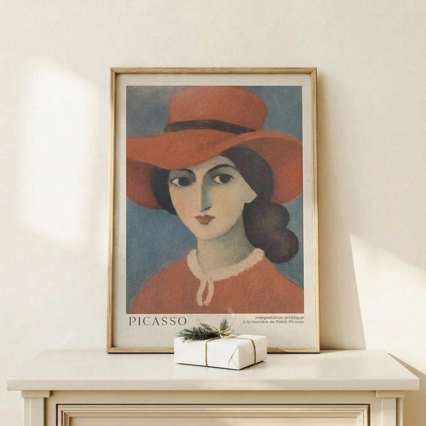 May include: Framed art print featuring a woman wearing an orange-red wide-brimmed hat and coral-colored top with white collar detail, painted in a modernist style with simplified facial features and muted color palette. Print has "PICASSO" text at bottom and sits in thin wooden frame on light wood surface next to small white wrapped gift with evergreen sprig, against cream colored wall.