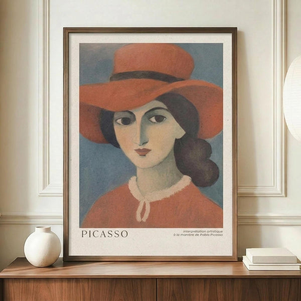 May include: Framed poster print featuring a stylized portrait of a woman wearing an orange-red wide-brimmed hat and matching top with white collar ties. The artwork shows geometric facial features and dark hair against a blue-gray background, labeled "PICASSO" at bottom. The brown wooden frame sits on a walnut credenza beside a cream ceramic vase and white books in an elegant room with white paneled walls.