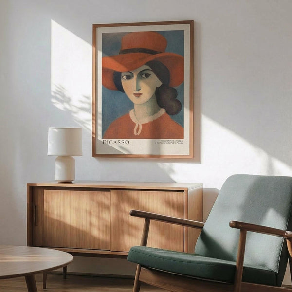 May include: Framed art print of woman wearing orange-red wide-brimmed hat and matching top against blue background, displayed above mid-century modern wooden credenza with white ceramic lamp. Mint green upholstered armchair with wooden frame sits nearby on wooden floor. Natural sunlight creates geometric shadows on white wall, giving warm ambiance to contemporary living room setting.