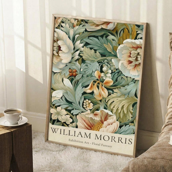 May include: Framed botanical art print leaning against white wall corner, featuring large cream and peach flowers with lush green foliage in William Morris style. Light wood frame on white textured rug beside small wooden stool with white coffee cup. Soft natural lighting creates geometric shadows on wall. Cozy beige throw blanket visible at right edge.