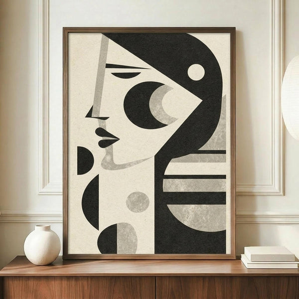 May include: Abstract geometric artwork featuring a stylized woman's profile in black and beige tones, displayed in a thin wooden frame on a walnut credenza. The minimalist composition shows curved and angular shapes forming facial features, with circular and linear elements. A small white ceramic vase and stacked books sit nearby on the mid-century modern furniture against cream wainscoted walls.