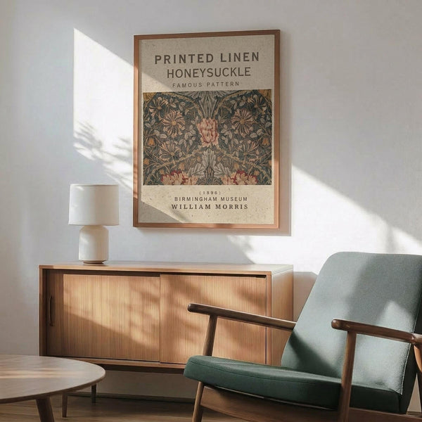 May include: Framed vintage botanical poster displaying William Morris honeysuckle pattern in muted greens and soft pink florals, hung above mid-century modern wooden sideboard with white ceramic lamp. Mint green upholstered armchair with wooden frame sits beside round coffee table in sunlit room with white walls.