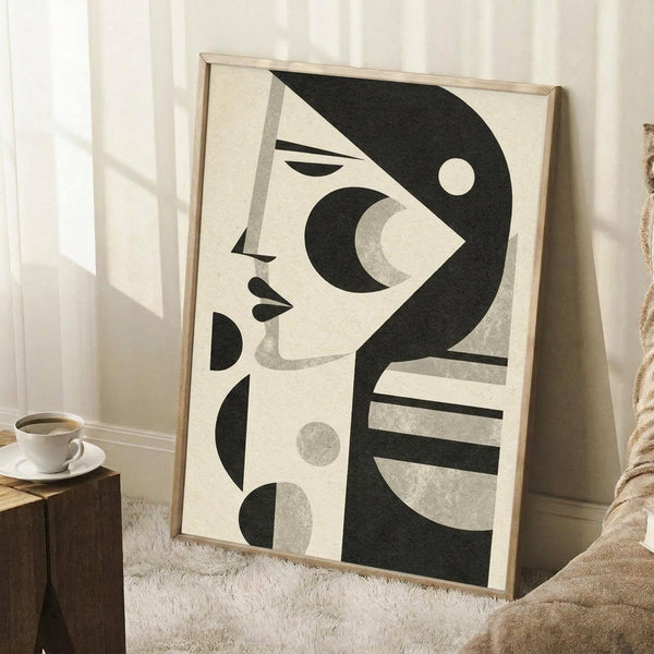 May include: Abstract minimalist poster featuring a stylized woman's profile in black and cream tones, displayed in a light wood frame leaning against white paneled walls. The artwork shows geometric shapes forming a feminine silhouette with closed eyes and flowing hair. Scene includes a coffee cup on a wooden block side table and textured beige throw blanket, creating a cozy modern living space with natural lighting.