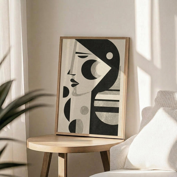 May include: Abstract minimalist poster featuring a stylized woman's profile in black, beige, and gray geometric shapes, displayed in a thin wooden frame on a round wood side table. Scene shows neutral-toned living room with beige upholstered chair, plant leaves, and natural sunlight casting shadows on cream walls.