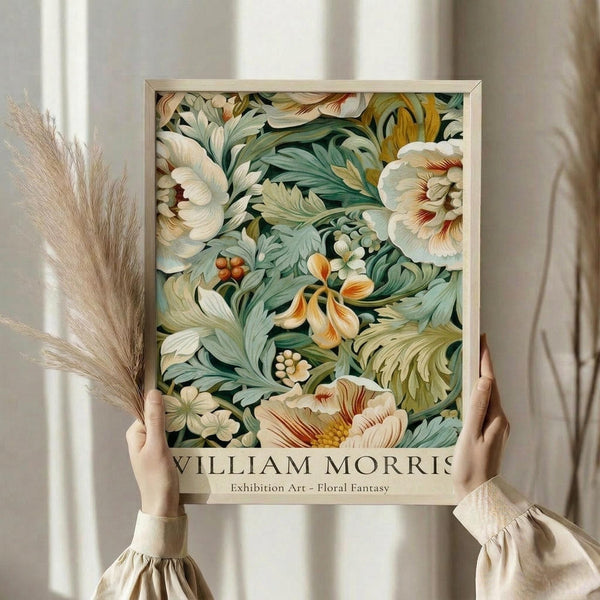 May include: Person holding framed botanical art print featuring William Morris-inspired floral design with cream peonies, sage green foliage, and orange accent flowers against dark background. Light wooden frame, neutral beige clothing, dried pampas grass visible, soft natural lighting near white curtained window.