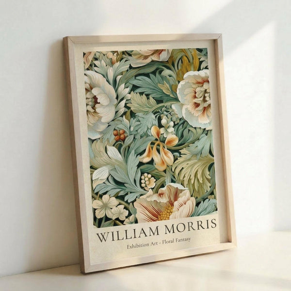 May include: Framed botanical art print featuring William Morris-inspired floral design with cream peonies, sage green foliage, and orange accent flowers against dark background. Light wood frame with white matting displays exhibition-style text at bottom. Poster leans against white wall on light surface, showing natural lighting and shadows.