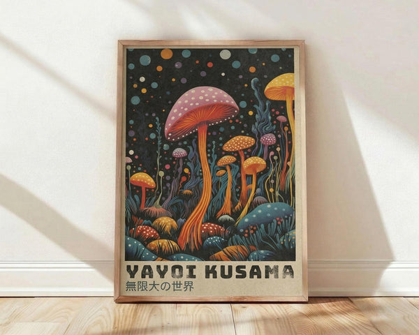 May include: Framed art print featuring colorful psychedelic mushrooms in various sizes against a dark starry background, displayed in light wood frame leaning against white wall on wooden floor. Artwork shows vibrant polka-dotted mushrooms in pink, orange, yellow and blue with flowing stems, surrounded by floating orbs and cosmic elements. Japanese text appears at bottom of poster.
