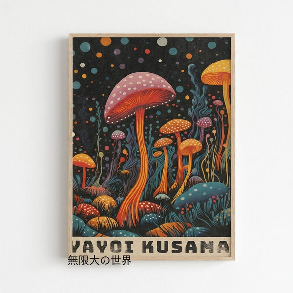 Framed art print featuring colorful psychedelic mushrooms in various sizes against a black starry background. The mushrooms display vibrant orange, red, pink, and blue caps with white polka dots, surrounded by flowing organic shapes and celestial elements. Japanese text appears at the bottom. The artwork is displayed in a natural wood frame against a light gray wall, showcasing the whimsical, fantasy-inspired illustration style with intricate details and rainbow-colored spores floating throughou