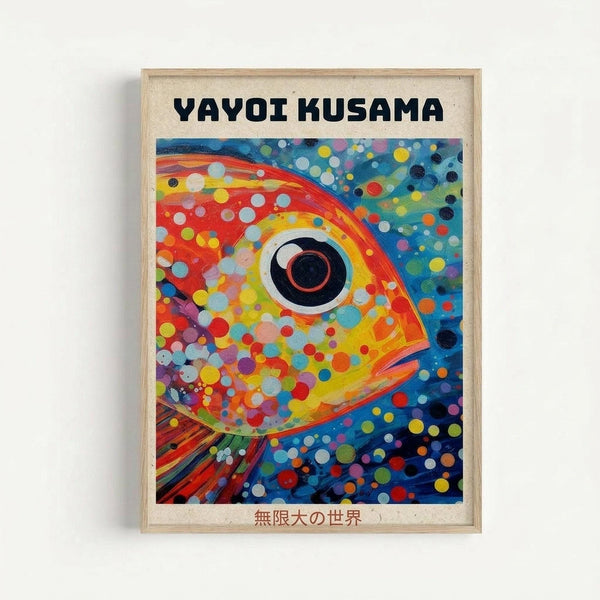 Colorful abstract fish artwork in wooden frame featuring vibrant red, orange, yellow and blue swirls with polka dot patterns throughout. The stylized fish has a large black eye and is surrounded by circular dots of various sizes in multiple colors. Text reads "YAYOI KUSAMA" at top and Japanese characters at bottom on cream background.
