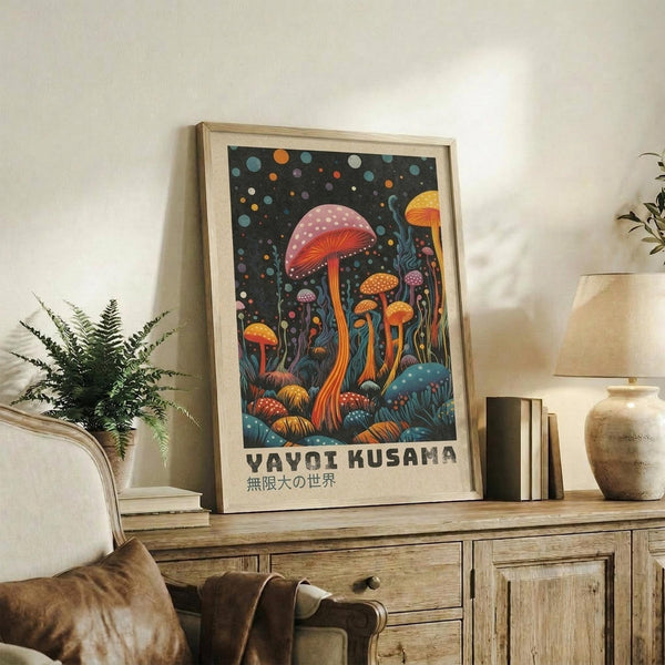 May include: Framed poster featuring colorful mushrooms with polka-dotted caps in vibrant reds, oranges, and blues against a dark starry background, displayed on a rustic wooden sideboard alongside books, a ceramic vase, and a fern plant in a cozy living room setting with neutral walls and brown leather furniture.