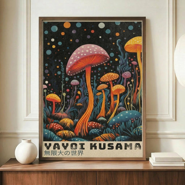 May include: Framed art print featuring vibrant mushrooms in Kusama's distinctive polka dot style against a dark starry background, displayed on a wooden sideboard next to a white ceramic vase and stacked books. The artwork shows colorful spotted mushrooms in reds, oranges, and blues with Japanese text below. The print has a brown wooden frame and creates a whimsical, psychedelic botanical scene with scattered dots throughout the composition.