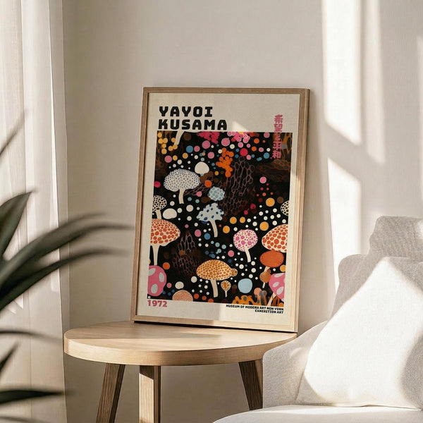 May include: Framed exhibition poster with black background featuring colorful polka-dotted mushrooms in pink, orange, white, and blue tones, displayed on light wood round side table next to beige upholstered chair, with plant leaves visible in corner and natural window light creating shadows on white wall