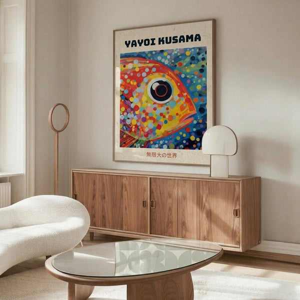May include: Colorful Yayoi Kusama-style fish poster with vibrant polka dots in orange, red, blue, and yellow tones, featuring large black eye detail, displayed in thin wooden frame above mid-century walnut credenza. Modern living room setting with white curved chair, glass oval coffee table, and minimalist table lamp on neutral walls.