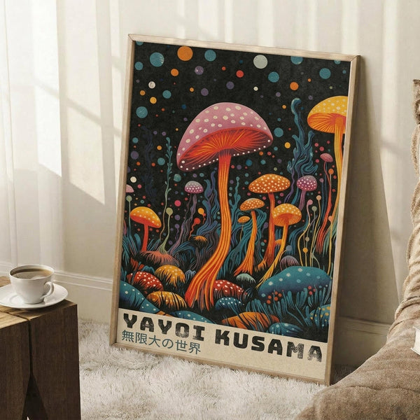 May include: Framed poster artwork featuring vibrant psychedelic mushrooms in red, orange, yellow, and teal colors against black starry background, displayed in light wood frame leaning against white wall corner. Coffee cup on wooden block and cream knit throw visible nearby on light carpet. Japanese text appears at bottom of colorful botanical illustration.
