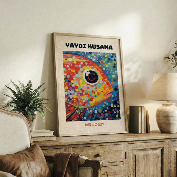 May include: Colorful fish artwork in light wood frame displayed on rustic wooden sideboard next to fern plant, books, and ceramic vase. The vibrant poster features a stylized fish with large black eye surrounded by multicolored dots in rainbow hues against blue background. Japanese text appears at top and bottom of print in simple modern font.