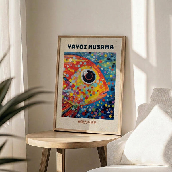 May include: Framed art print featuring a vibrant, colorful fish with polka dots in Kusama's distinctive style, displayed on a light wood round side table next to a beige upholstered chair. The artwork shows a stylized fish with a prominent dark eye surrounded by multicolored dots in blues, reds, yellows, and oranges against a dotted background. Japanese text appears below the image. Natural lighting creates soft shadows in the minimalist room setting with white walls and a plant visible in the