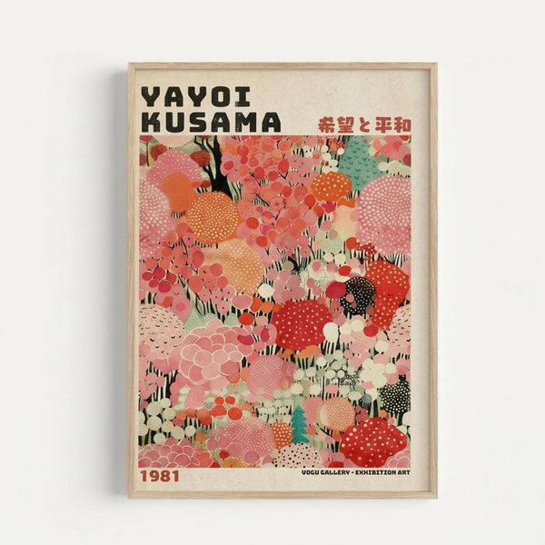 Framed exhibition poster featuring Yayoi Kusama's signature polka dot artwork in vibrant coral, pink, orange, and teal organic shapes against a cream background. Black text at top reads "YAYOI KUSAMA" with Japanese characters, "1981" at bottom left, and "VOGU GALLERY - EXHIBITION ART" at bottom right. Natural wood frame mounted on white wall.