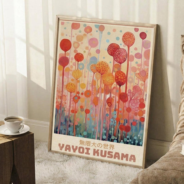 May include: Framed art poster leaning against white wall beside wooden side table with coffee cup. The artwork features colorful abstract botanical design with circular shapes resembling flowers or balloons in warm reds, oranges, and cool blues on cream background. Text reads "Yayoi Kusama" with Japanese characters above. Natural wood frame, positioned on white textured rug next to beige fabric in soft daylight.