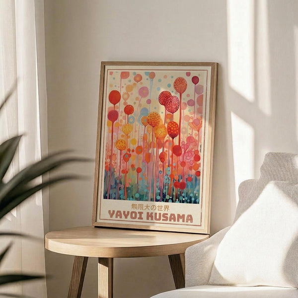 May include: Framed art print featuring colorful circular balloon-like shapes in red, orange, pink, and blue tones against cream background, with Japanese text and "YAYOI KUSAMA" at bottom. Print displayed on round wooden side table next to beige upholstered chair, with plant leaves visible in corner and natural window light creating shadows on white wall.