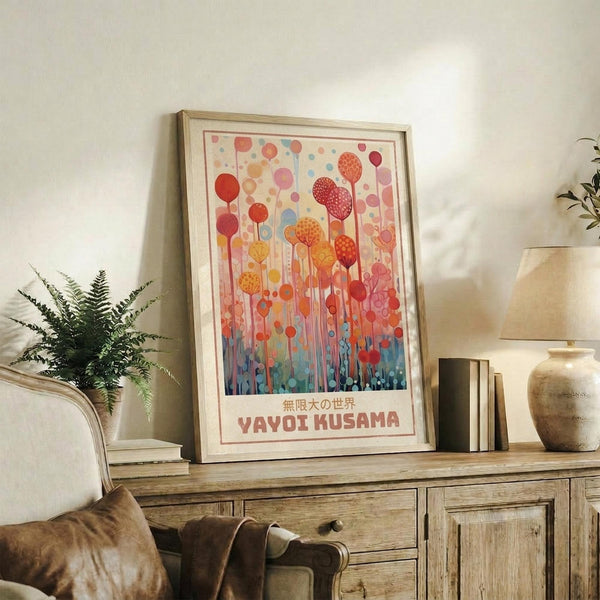 May include: Framed colorful abstract art print featuring vibrant circles and dots in red, orange, pink, and blue tones resembling stylized flowers or balloons, displayed on rustic wooden sideboard alongside fern plant, ceramic vase, books, and table lamp in neutral-toned living room setting with beige armchair visible.