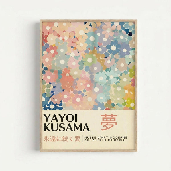 Framed poster featuring an abstract pattern of overlapping colorful circles in soft pastels - coral pink, sage green, dusty blue, cream, and yellow. The circles create a dreamy, confetti-like design that fades from more saturated colors at the edges to lighter tones in the center. Below the artwork is text reading "YAYOI KUSAMA" with Japanese characters, and "永遠に続く愛 | MUSÉE d'ART MODERNE DE LA VILLE DE PARIS" in smaller text. The poster has a light wooden frame and hangs against a wh