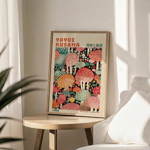 May include: Colorful mushroom art poster in wooden frame displayed on round wooden side table next to beige upholstered chair. Artwork features vibrant polka-dotted mushrooms in pink, orange, teal, and coral against dark background with Japanese text. Soft natural lighting creates shadows on white wall. Green plant leaves visible in corner.