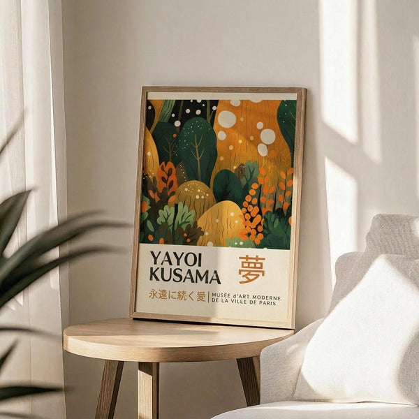 May include: Framed art print in light wood frame sitting on round wooden side table next to beige upholstered chair. Print features colorful abstract forest scene with green foliage, orange and yellow organic shapes, white dots scattered throughout, and text reading "YAYOI KUSAMA" with Japanese characters below. Soft natural lighting creates shadows across white wall. Plant leaves visible in corner.