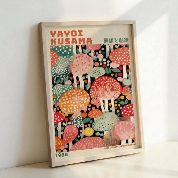 May include: Framed poster print featuring colorful illustrated mushrooms in various sizes and patterns against a black background. The artwork displays mushrooms with polka dots, stripes, and solid colors in coral, teal, orange, pink, yellow, and green hues. Text reads "YAYOI KUSAMA" at top with Japanese characters and "1988" at bottom. Light wood frame sits propped against white wall on white surface.
