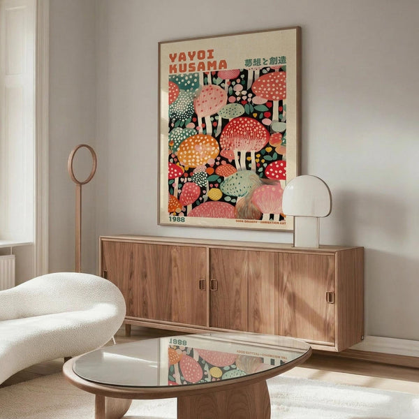 May include: Colorful mushroom poster with Japanese text hanging above mid-century modern wooden credenza. Cream sculptural chair and glass-top oval coffee table with wood base in bright, minimalist living room. Poster features vibrant spotted mushrooms in red, orange, pink, and teal against dark background in thin wooden frame.