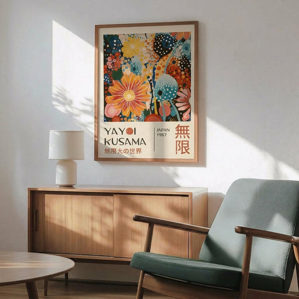 May include: Framed colorful abstract floral poster with "YAYOI KUSAMA JAPAN 1987" text hanging on white wall above wooden credenza with table lamp. Mid-century modern green upholstered chair with wooden arms in foreground. Artwork features vibrant flowers, polka dots, and organic shapes in orange, yellow, blue, and green tones. Natural sunlight creates shadows across the minimalist room setting.