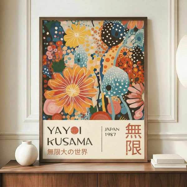 May include: Framed art poster featuring vibrant abstract floral design with polka-dotted patterns in orange, blue, and pink tones, displayed on wooden sideboard next to white ceramic vase and stacked books. Poster shows Japanese text and "JAPAN 1987" at bottom. Warm interior lighting highlights the colorful botanical motifs and dotted textures against cream walls with white molding.
