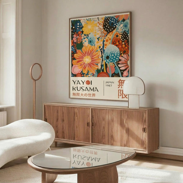 May include: Colorful vintage art poster featuring abstract floral and polka dot patterns in orange, teal, pink and yellow tones, displayed in thin gold frame above mid-century modern walnut credenza. Room shows white textured chair, glass-top oval coffee table, and brass floor lamp in minimalist neutral interior with white walls and natural lighting.