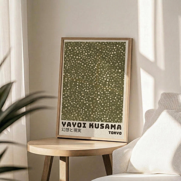 May include: Framed art print with olive green background covered in scattered white dots of varying sizes, displayed on a round wooden side table next to a beige upholstered chair. The poster features black text at the bottom with Japanese characters and "TOKYO". Soft natural lighting creates shadows on the neutral wall, with a plant visible in the corner of the modern living room setting.