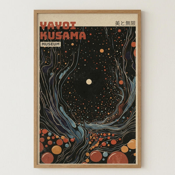 May include: Framed poster with abstract cosmic design featuring swirling flowing forms in blues and teals surrounding a dark starry center with white moon. Scattered colorful polka dots in orange, red, and yellow throughout black background. Japanese text visible at top. Natural wood frame mounted on white wall.